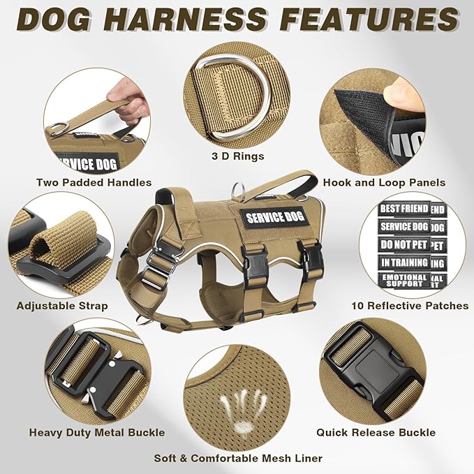 Service Dog Vest and Leash Set,Heavy Duty Tactical Dog Harness with Metal Buckles for Medium Sized Dogs,Adjustable No-Pull Dog Harness with 10 Patches for Training Working Hiking,Brown M