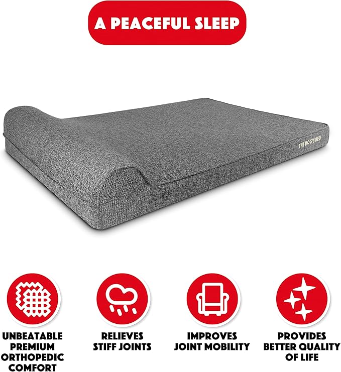 The Dog’s Bed Orthopedic Headrest Dog Bed XXL Grey Linen, Memory Foam, Pain Relief for Arthritis, Hip & Elbow Dysplasia, Post Surgery, Lameness, Waterproof Washable Cover, Veterinary Approved