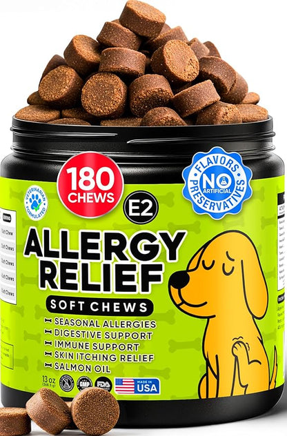 Dog Allergy Relief Chews – Anti Itch for Dogs with Colostrum & Salmon Oil – Reduces Paw Licking & Hot Spots – Omega 3 Fish Oil - Dry Skin & Coat Supplement for a Happy, Healthy Pup - 180 Count