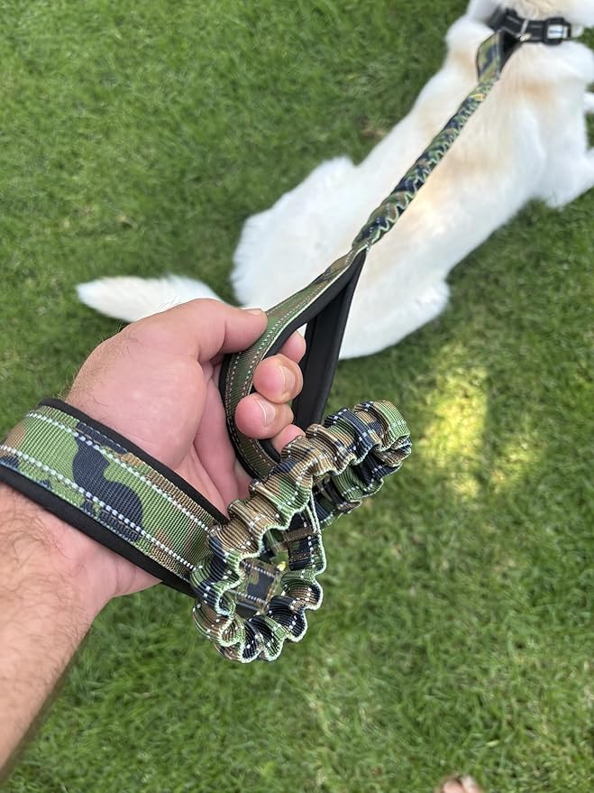 Shed Defender Shock Absorbing Bungee Dog Leash - Three Padded Traffic Handles, Designed in USA, Stretches 4-6 ft, Elastic Dog Leash, Reflective Stitching, Large Dog & Small Breed, Heavy Duty (Camo)