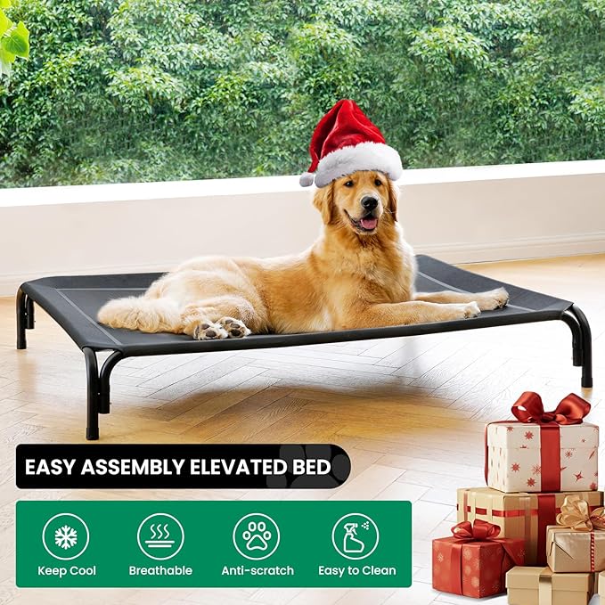 Elevated Dog Bed Raised Outdoor Dog Cot for Medium Dogs, Installation Requires No Tools, Frame with Washable Cooling Breathable Mesh Anti-Slip Feet, Indoor Pet Bed, Black, 35.4 Inches