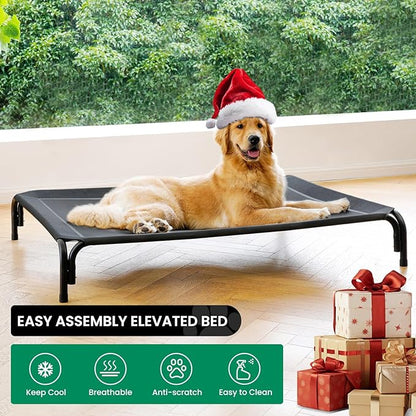 Elevated Dog Bed Raised Outdoor Dog Cot for Medium Dogs, Installation Requires No Tools, Frame with Washable Cooling Breathable Mesh Anti-Slip Feet, Indoor Pet Bed, Black, 35.4 Inches