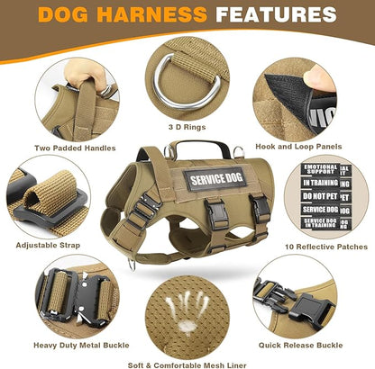 WINSEE Tactical Dog Harness with Dog Leash, Dog Collar, Service Working MOLLE Vest with 10 Pet Patches for Large Dog, No Pull Military Harness and Backpack with Airtag Holdler