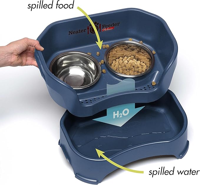 Neater Feeder Deluxe Mess Proof Cat Bowls Elevated for All Breeds – Made in USA – No Spill Raised Cat Bowls for Indoor Cats w/Leg Extensions – Stainless Steel Cat Food and Water Bowl Set - Dark Blue