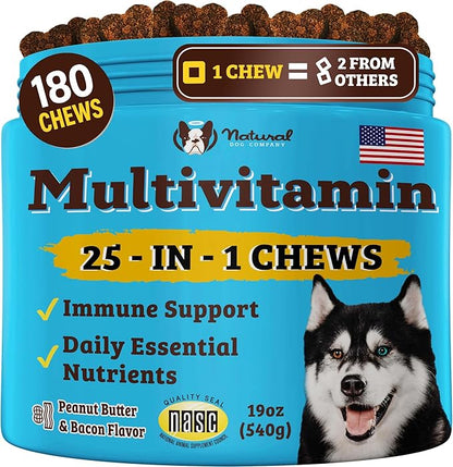 Natural Dog Company 25-in-1 Multivitamin for Dogs – Vet-Formulated Soft Chews for Puppies, Adults & Seniors, Supports Joints, Skin, Coat, Immune & Heart Health, NASC Certified, 180 Count