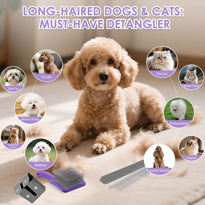 Large Slicker Brush for Dogs,Doodle Brush for Poodles, Goldendoodles, Labradoodle, Extra Long Pins for Detangling Matted Fur & Reducing Shedding, Dog Grooming Kit with Wooden Handle. Purple
