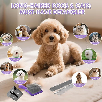 Large Slicker Brush for Dogs,Doodle Brush for Poodles, Goldendoodles, Labradoodle, Extra Long Pins for Detangling Matted Fur & Reducing Shedding, Dog Grooming Kit with Wooden Handle. Purple