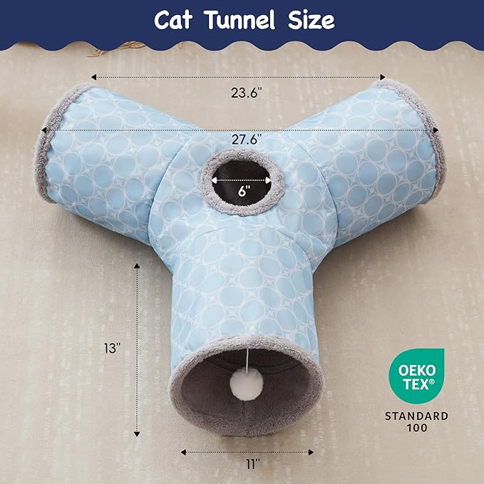 Tempcore Cat Tunnels for Indoor Cats Fleece-Lined in for Warmth, Pet Tube Toys 3 Way Collapsible, Pet Play Tunnel with Peek Hole Toy Ball for Kitty, Kitten, Rabbit, Geometry Blue