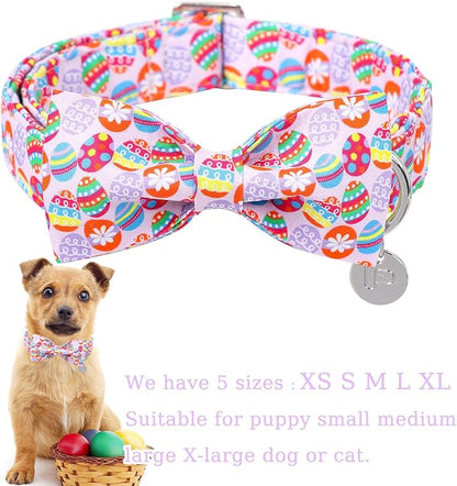 Easter Collar with Bow Tie, Cotton Bowtie Collar for Large Dogs, Colorful Eggs Collar with Metal Buckle, Easter Day Gift, XL, 16-26in Neck