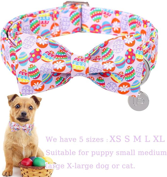 Easter Collar with Bow Tie, Cotton Bowtie Collar for Large Dogs, Colorful Eggs Collar with Metal Buckle, Easter Day Gift, XL, 16-26in Neck