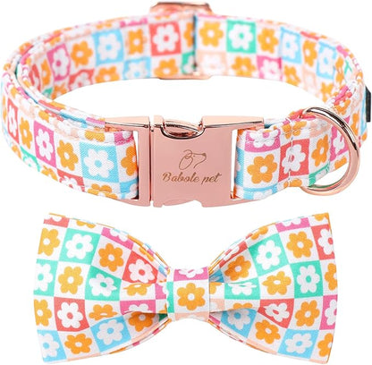 Cute Dog Collar with Bow Tie, Spring Summer Flower Plaid Bowtie Dog Collar, Durable Adjustable Cotton Pet Collar for Small Medium Large Dogs XS