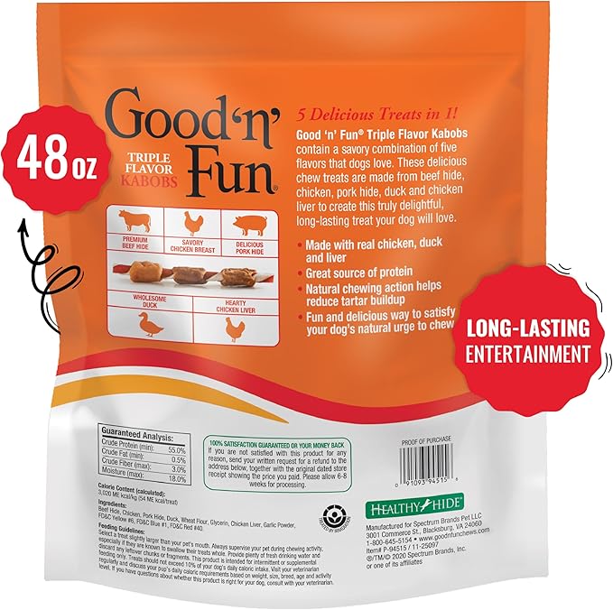 Good'N'Fun Triple Flavored Rawhide Kabobs for Dogs, Treat Your Dog 48-Ounce