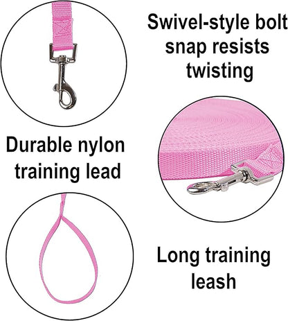 Hi Kiss Dog/Puppy Obedience Recall Training Agility Lead - 15ft 20ft 30ft 50ft 100ft Training Leash - Great for Training, Play, Camping, or Backyard - Pink 100ft
