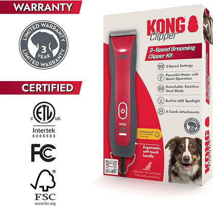 Kong 3-Speed Dog Clipper Grooming Kit – Stainless Steel Blade, Waterproof, LED Spotlight, 6 Guide Combs, 10-Foot Cord, Ergonomic Handle – Red/Gray, All Coat Types