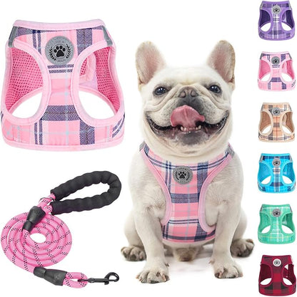 BEAUTYZOO Small Dog Harness and Leash Set,Step in No Choke No Pull Soft Mesh Dog Harnesses Reflective for Extra-Small/Small Medium Puppy Dogs and Cats, Plaid Dog Vest Harness for XS S Pets, Pink L