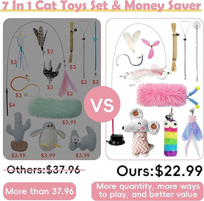 CUUOOT 7-in-1 Kitten Toys for Indoor Cats with Washable Adhesive Suction Cup, Hanging Interactive Cat Toys, Silvervine Stick and Sisal Chew Rope Catnip Teething Toy for Bored Kitten (Pink)