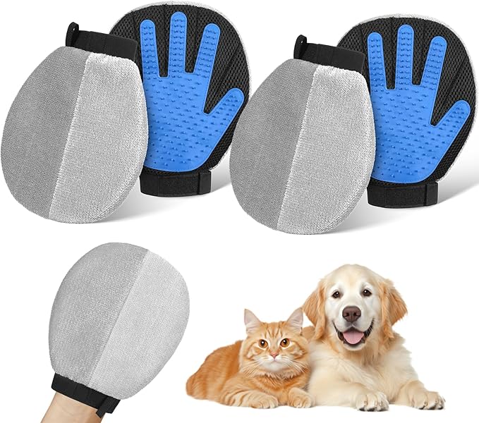 Pawaboo 2 Pack Pet Hair Removal Gloves, Dual-Side Electrostatic Hair Removal & Silicone Fur Brush for Dogs and Cats, Reusable Five-Finger Pet Fur Grooming Glove for Couch Carpet Clothes, Blue & Grey
