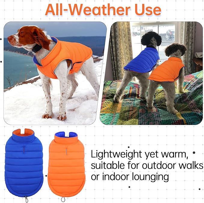 Lelepet Reversible Dog Coat Waterproof Dog Jacket Windproof Puffer Vest for Winter Warm Lightweight Coats for Small Dogs Adjustbale Hook & Loop Pet Apparel with Leash Hole, Chihuahua, Orange, XS