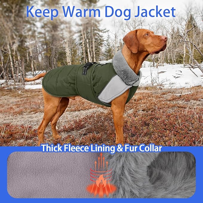 MIGOHI Thermal Large Dog Fleece Jacket - Rainproof Coat for Large Dogs, Thick Dog Winter Coat,Snow Jacket for Dogs Windproof for Hunting Camping,Windy Chilly Days,Doberman,Great Dane,3XL,ArmyGreen