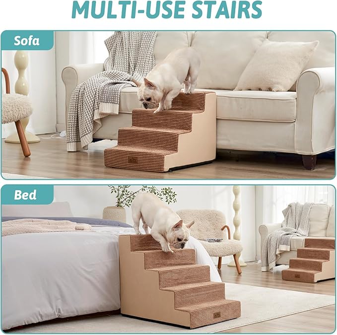COZY KISS Dog Stairs for Small Dogs 5-Step, 19.7" Extra Wide Right-Angle Pet Stairs for Couch and Beds, Anti-Slip Dog Steps for Old Cats and Lowrider, 19.7x29.5x23.6 inch, Light Brown