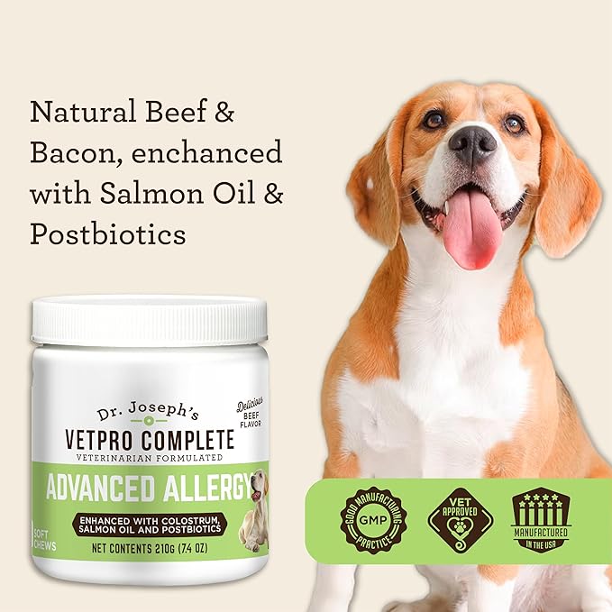VetPro Complete Dr. Joseph's Advanced Allergy and Itch Support for Dogs, 60 Count, Supports Seasonal Allergies, Itchy Skin, & Immunity, Enhanced with Salmon Oil, Probiotics & Colostrum