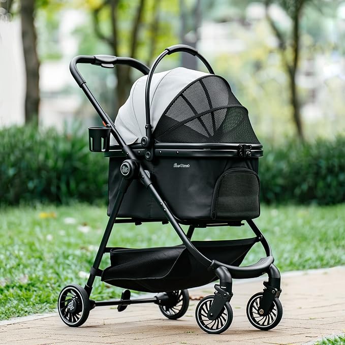 Pawccoli Pet Stroller for Small Dogs and Cats, One-Click Foldable Dog Stroller with Detachable Carrier & 3 Safety Tethers, Holds up to 33 lbs, Storage Basket & Cup Holder, Breathable Mesh, Black