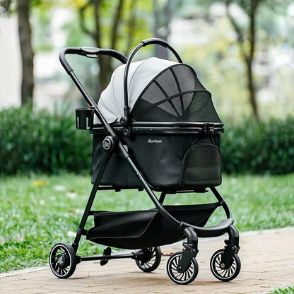 Pawccoli Pet Stroller for Small Dogs and Cats, One-Click Foldable Dog Stroller with Detachable Carrier & 3 Safety Tethers, Holds up to 33 lbs, Storage Basket & Cup Holder, Breathable Mesh, Black