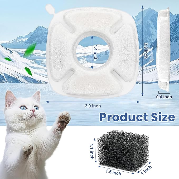 32 Pack Cat Water Fountain Filters, 16 Pcs Replacement Cats Fountain Filters & 16 Pcs Pre-Filter Sponges for 95oz/2.8L 135oz/4L 67oz/2L Automatic Pet Water Fountain Cat Dog Water Dispenser Filter