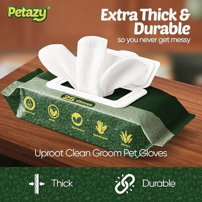 Petazy Pet Glove Wipes for Dogs & Cats – 25 Pack | Hypoallergenic, No Rinse, Extra Thick Cleaning Gloves with Aloe & Coconut Oil | Paws, Face, Ears & Butt | Travel Friendly, Gentle & Safe