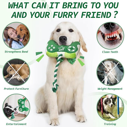 MTERSN Squeaky Dog Toys : Interactive Dog Plush Toy with Full Crinkle Paper and Cute Puppy Chew Toys with Rope - Funny Gaming Controller Shape Dogs Birthday Gift (Green)