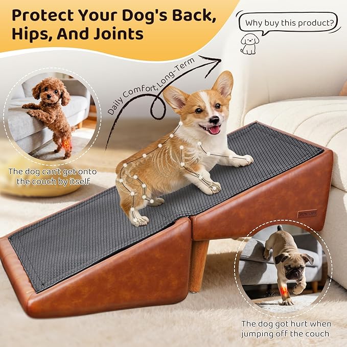 Dog Stairs for Small Dogs and Cats 16" H - with Encrypted Dot-Grip Non-Slip Surface, 2-in-1 Pet Ramp & Steps for Bed/Couch, Foldable Split Ottoman with Solid Wood Frame, Sturdy & Portable for Puppies