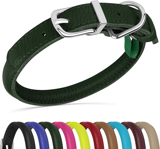 OOPSDOGGY Rolled Leather Dog Collar Soft Roll Collars for Small Medium Large Dogs Puppy (Green, XL, 17"-21")