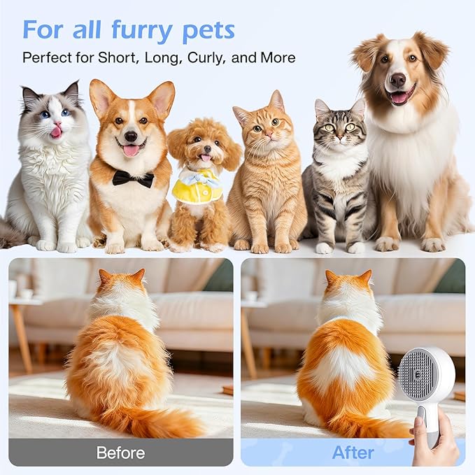 Steam-Like Spray Cat Brush - 3-in-1 USB Rechargeable Deshedding & Self-Cleaning Brush with Water Mist for Long & Short Hair Cats Dogs, Waterproof, 2 Speed Settings
