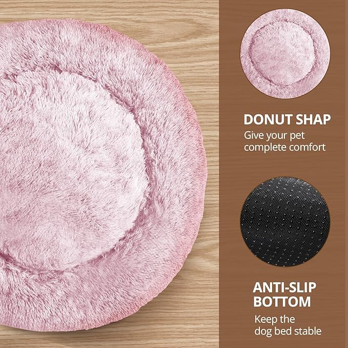 JOLLYVOGUE Calming Dog Bed for Small Dogs - 23 inches Donut Washable Small Dog Bed for Kittens & Puppies, Anti-Slip Round Fluffy Plush Faux Fur Cat Beds (Fits up to 25 lbs Pets, Smoke Pink)