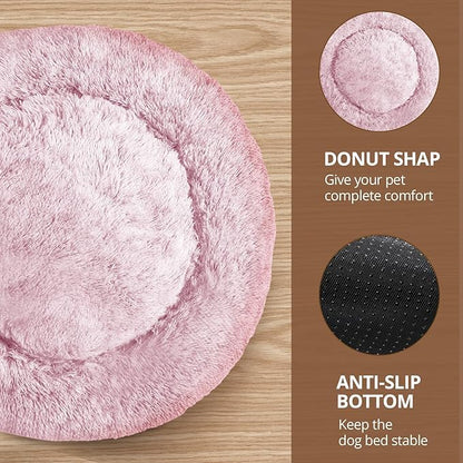JOLLYVOGUE Calming Dog Bed for Small Dogs - 23 inches Donut Washable Small Dog Bed for Kittens & Puppies, Anti-Slip Round Fluffy Plush Faux Fur Cat Beds (Fits up to 25 lbs Pets, Smoke Pink)