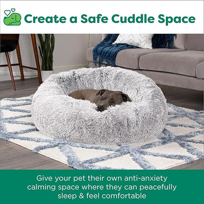 Furhaven 30" Round Calming Donut Dog Bed for Medium/Small Dogs, Refillable w/ Removable Washable Cover, Up to 45 lbs - Shaggy Plush Long Faux Fur Donut Bed -Mist Gray, Medium,30.0"L x 30.0"W x 10.0"Th