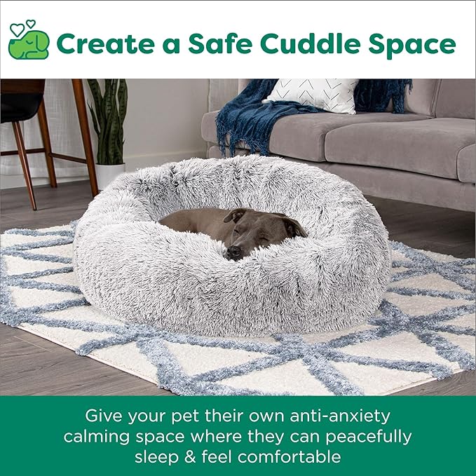 FurHaven 45" Calming Donut Dog Bed for Large Dogs, Round Plush Donut with Soft Filling for Snuggling Comfort, Removable Washable Cover, Jumbo XL, Shaggy Faux Fur, Mist Gray
