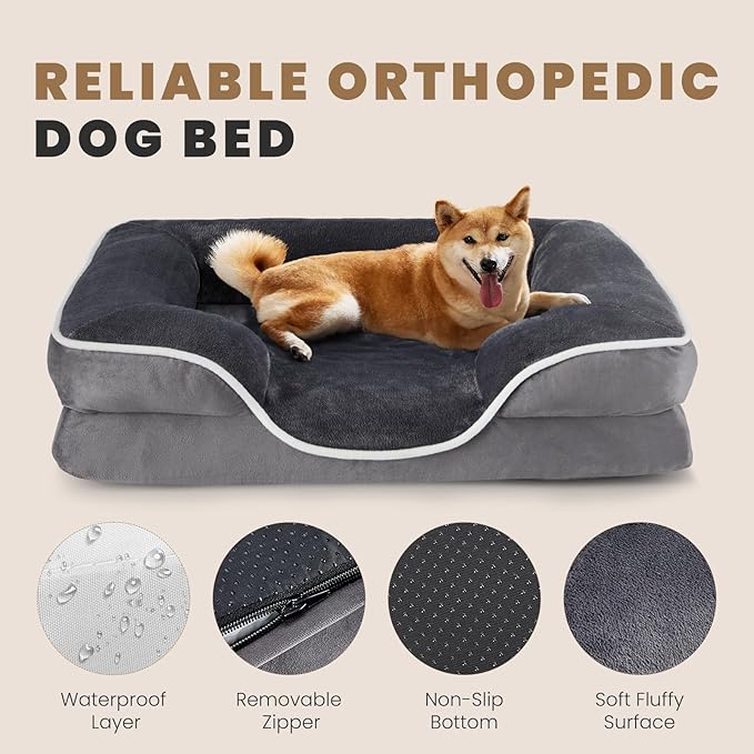 DUMOS 42x32 Inch Orthopedic Dog Beds for XL Large Sized Dogs, Machine Washable Cover Pet Bed, Anti-Slip Waterproof Memory Foam Couch Bed for Indoor Dogs and Cats, Grey