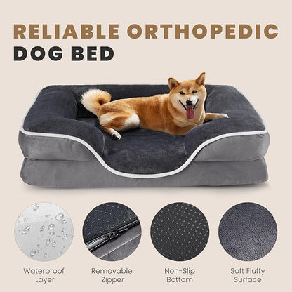 DUMOS Dog Beds, Orthopedic Medium Large Dog Bed, Machine Washable with Memory Foam, Waterproof Comfort Pet Beds with Sides, 35x25 Inch Medium Sized Grey
