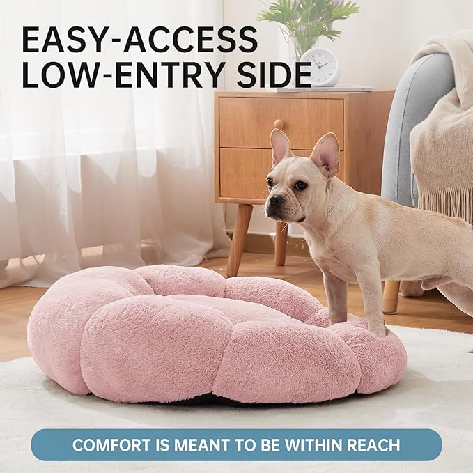OhGeni 27 inches Calming Donut Dog & Cat Bed for Medium Pets, Warming Comfort Fluffy Short Pile Fur, Durable Machine Washable, Cute Round Bed for Puppy and Kitten, Pink