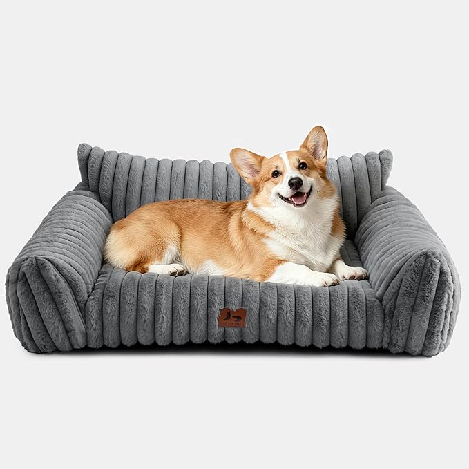 Warmrest Dog Couch for Pets, Cute Small Dog Bed Medium Size Dogs with Cozy Soft Faux Rabbit Fur for Small & Medium Dogs, Supportive Pet Sofa with Removable Washable Cover, Light Gray, 36"