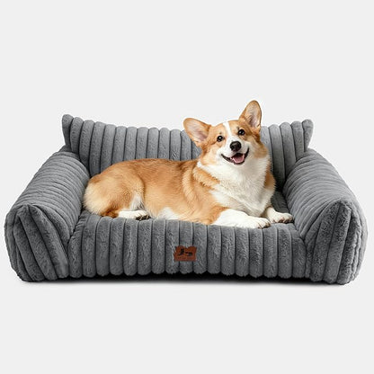 Warmrest Dog Couch for Pets, Cute Small Dog Bed Medium Size Dogs with Cozy Soft Faux Rabbit Fur for Small & Medium Dogs, Supportive Pet Sofa with Removable Washable Cover, Light Gray, 36"