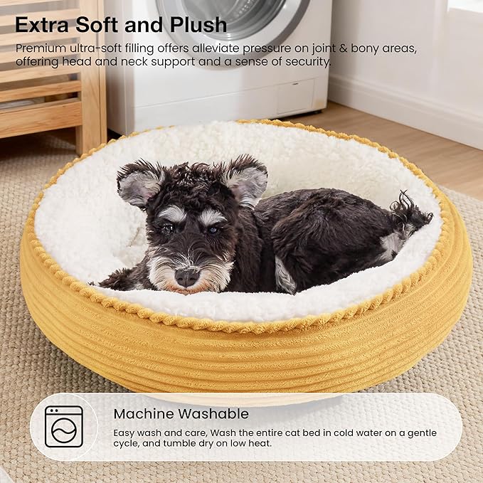 Love's cabin Round Donut Cat and Dog Cushion Bed, 25in Pet Bed for Small or Medium Dogs, Anti-Slip & Water-Resistant Bottom, Soft Durable Fabric Pet Beds, Washable Calming Cat Bed Yellow Stripe
