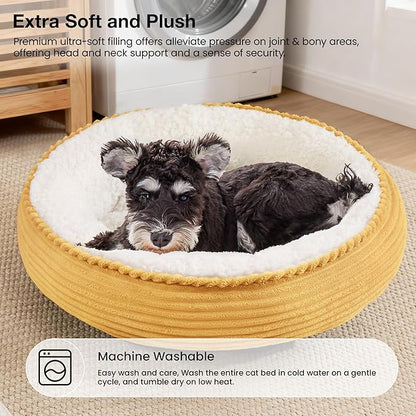 Love's cabin Round Donut Cat and Dog Cushion Bed, 25in Pet Bed for Small or Medium Dogs, Anti-Slip & Water-Resistant Bottom, Soft Durable Fabric Pet Beds, Washable Calming Cat Bed Yellow Stripe