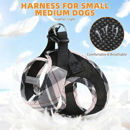 KOOLTAIL Small Dog Harness and Leash Set, Step in No Pull Soft Mesh Padded Pet Vest Harness Collar for Extra Small Size Dogs Cats Boy Girl, Breathable & Lightweight Plaid Puppy Harness, Beige XS