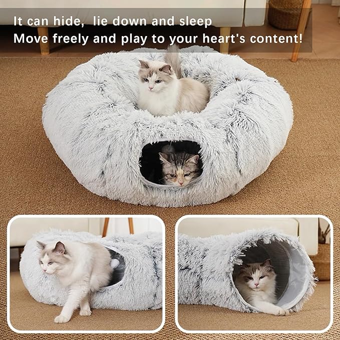 Large Donut Cat Tunnel Bed - Soft Plush Cat Cave & Peekaboo Hiding Spot, 3-in-1 Indoor Cat Playground Toy for Kittens/Adult Cats, Festive Christmas Pet Gift