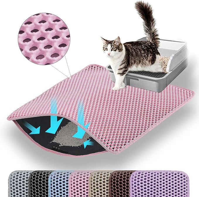 Petinstinct Small Cat Litter Mat, 20x14’’ Double Layer Honeycomb Cat Litter Box Mat, Non Slip Waterproof Urine Proof Litter Trapping Mat for Floor, Kitty Litter Pad, Indoor Pet Supplies, Pink