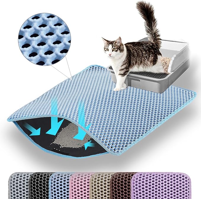 Petinstinct Small Cat Litter Mat, 20x14’’ Double Layer Honeycomb Cat Litter Box Mat, Non Slip Waterproof Urine Proof Litter Trapping Mat for Floor, Kitty Litter Pad, Indoor Pet Supplies, Blue