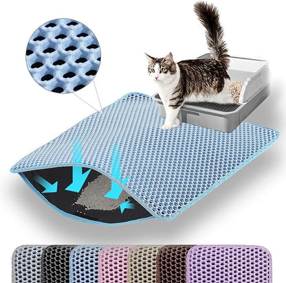 Petinstinct Small Cat Litter Mat, 20x14’’ Double Layer Honeycomb Cat Litter Box Mat, Non Slip Waterproof Urine Proof Litter Trapping Mat for Floor, Kitty Litter Pad, Indoor Pet Supplies, Blue
