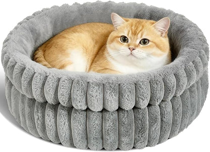 Cat Bed Kitten Bed, Washable Round Cat Beds for Indoor Cats, Super Soft Plush Faux Fur Pet Bed for Puppy and Kitten with Anti-Slip Bottom Small